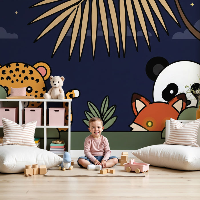 Kids room wallpaper | Jungle animals on a nocturnal exploration