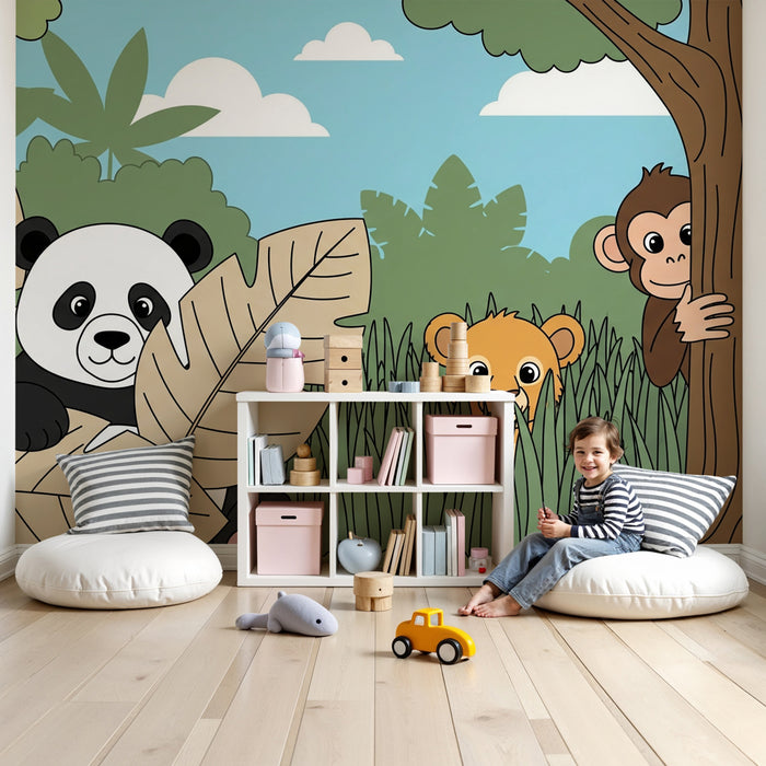 Kids room wallpaper | Jungle animals playing hide and seek