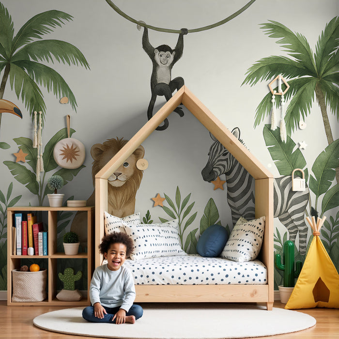 Kinderzimmer Tapete | Dschungeltiere auf Abenteuerreise