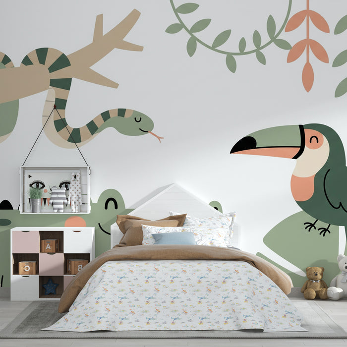 Kinderkamer behang | Jungle dieren in salie groen