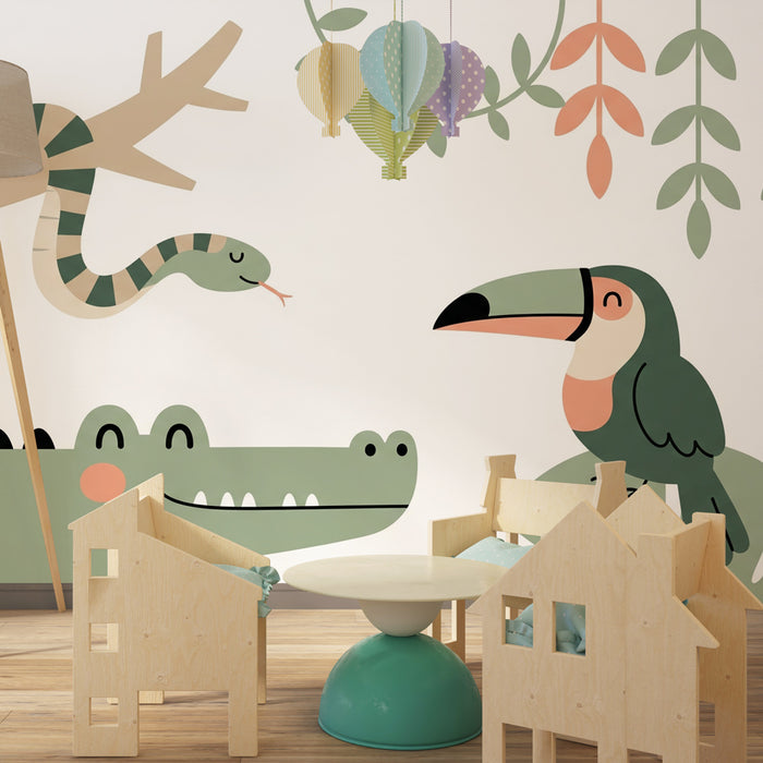 Kinderkamer behang | Jungle dieren in salie groen