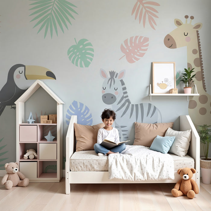 Kids room wallpaper | Jungle animals and colorful foliage