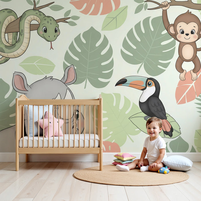 Kids room wallpaper | Jungle animals and tropical foliage