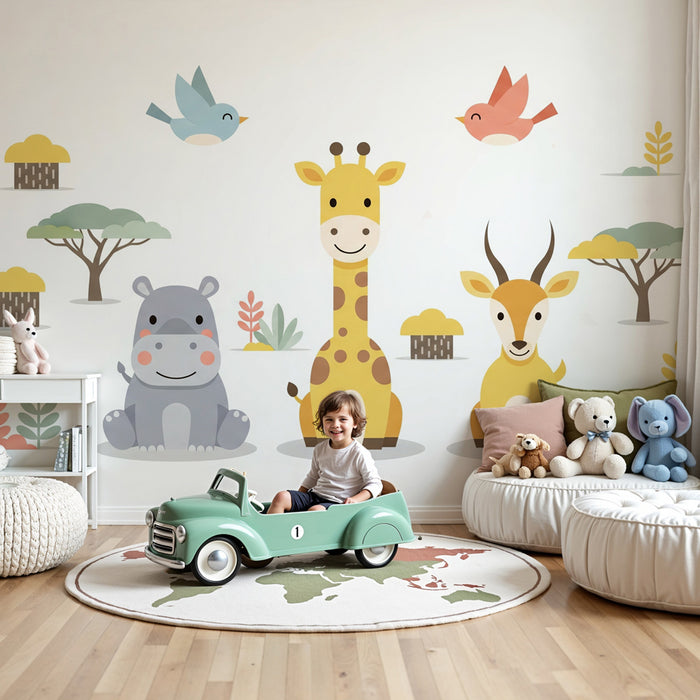 Kids room wallpaper | Jungle animals and cheerful birds