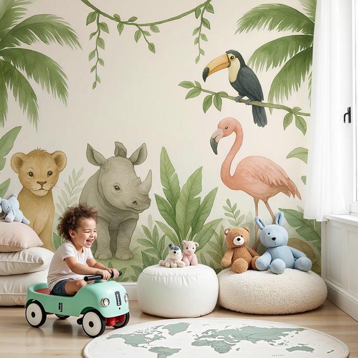 Kids room wallpaper | Jungle animals and tropical universe