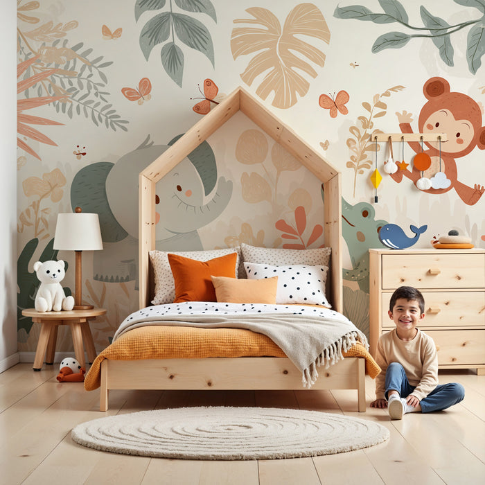 Kids room wallpaper | Jungle animals and colorful vegetation