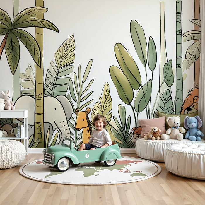 Papier peint chambre enfant | Animaux de la jungle et végétation luxuriante