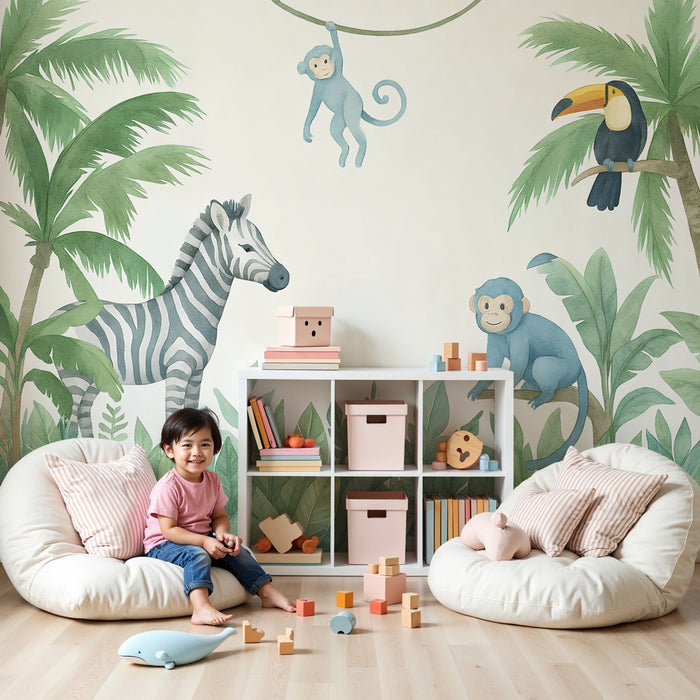Papier peint chambre enfant | Animaux de la jungle et végétation tropicale en bleu et vert