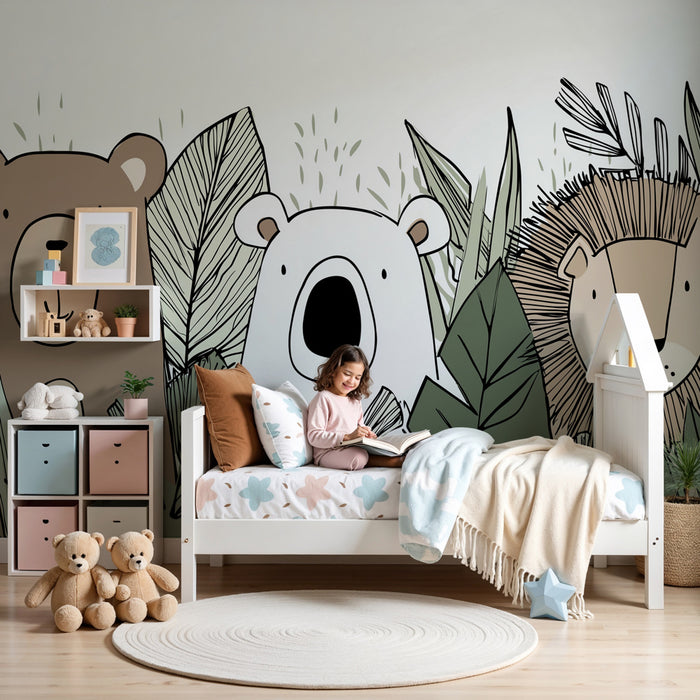 Carta da parati bambini | Animali della giungla felici e sorpresi