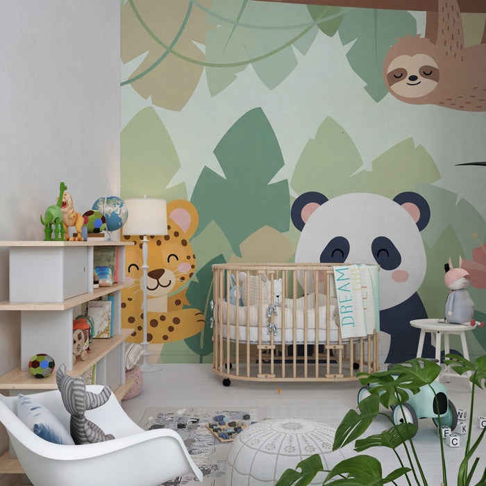 Kinderzimmer Tapete | Niedliche Dschungeltiere und Dschungelhintergrund