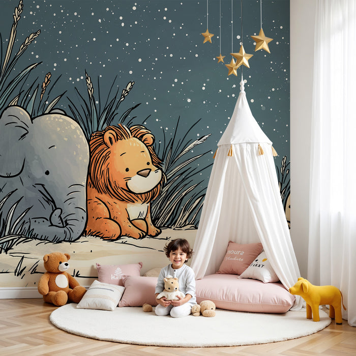 Papier peint chambre enfant | Animaux de la jungle sous les étoiles