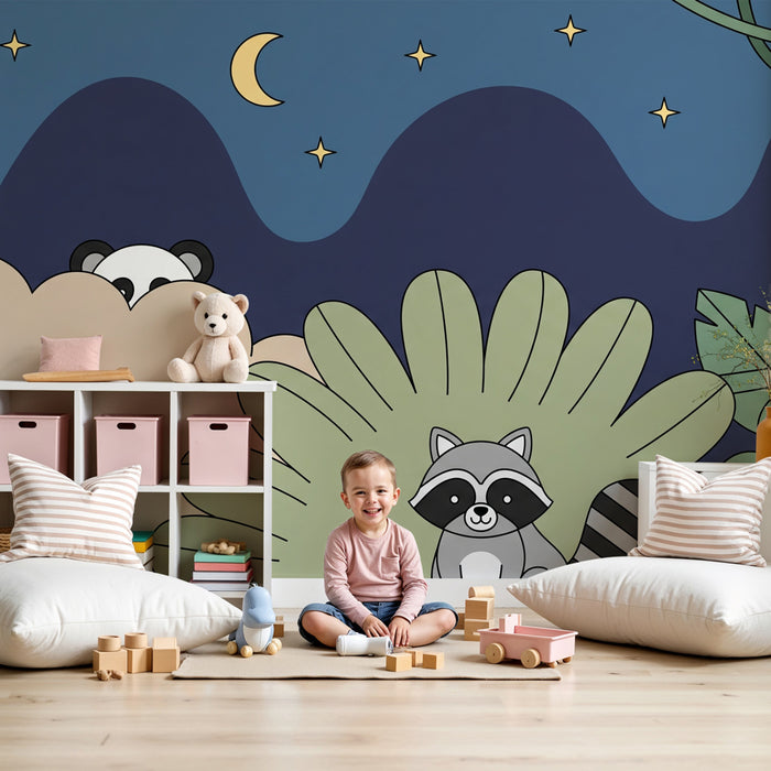 Carta da parati bambini | Animali della giungla sotto un cielo stellato