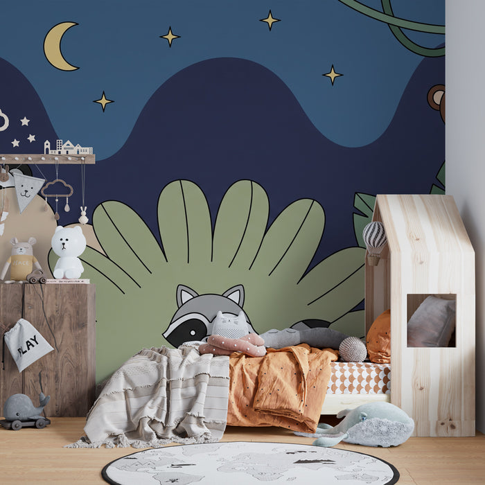 Kids room wallpaper | Jungle animals under a starry sky