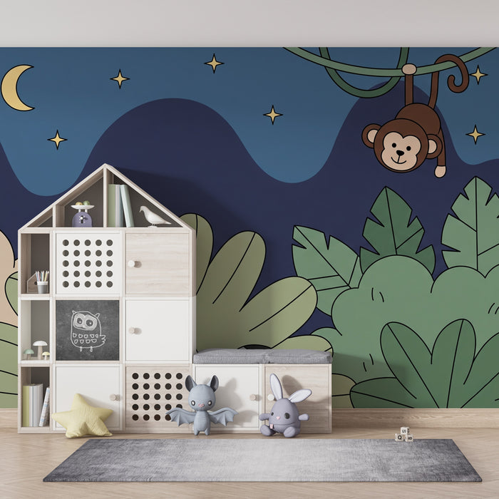 Kids room wallpaper | Jungle animals under a starry sky
