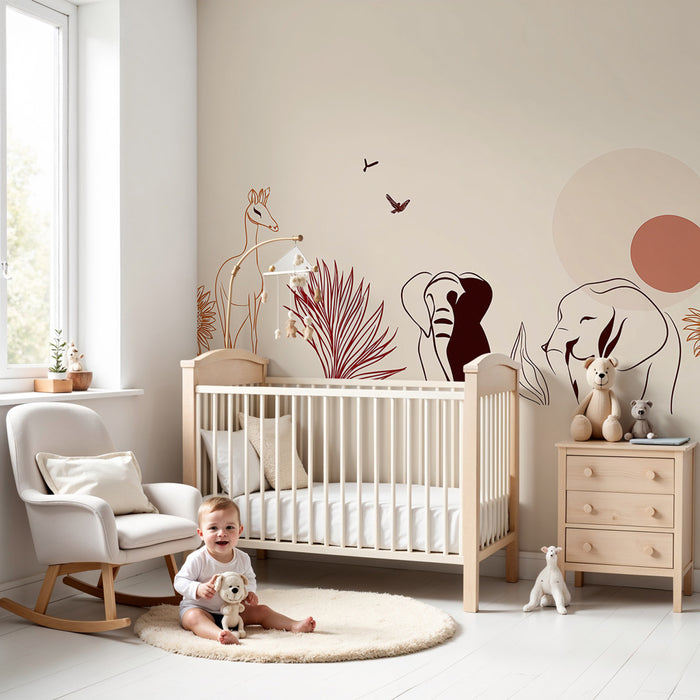 Papel pintado infantil | Animales de la sabana con líneas delicadas
