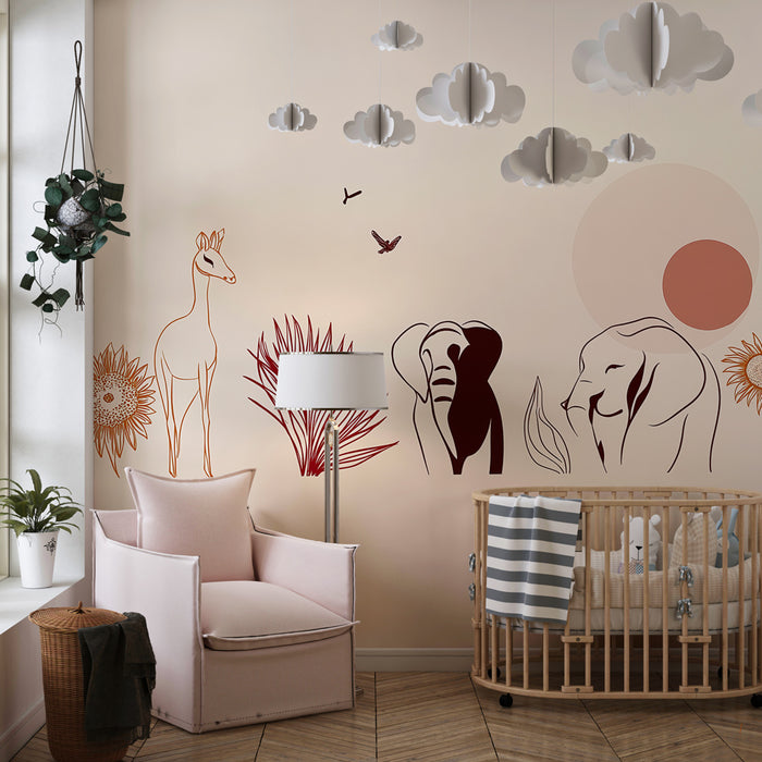 Papel de parede criança | Savana animal print com linhas delicadas