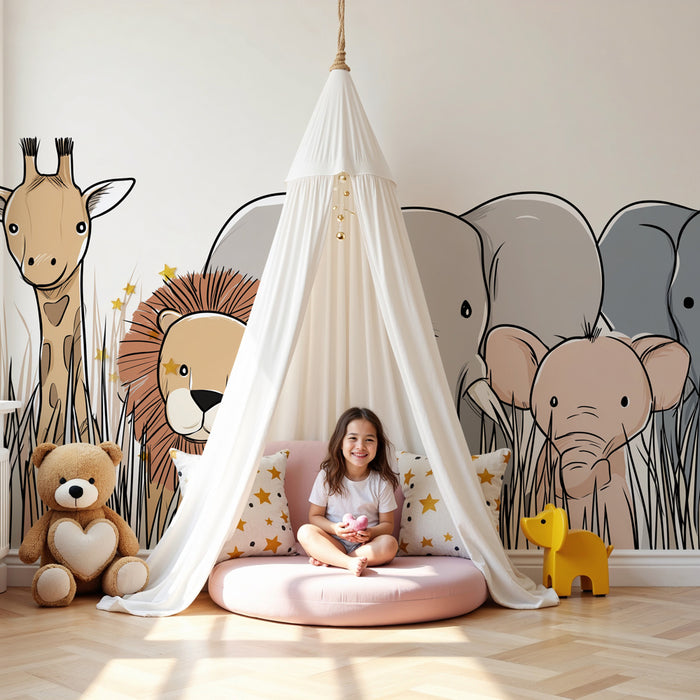 Papel pintado infantil | Animales de la sabana en la hierba