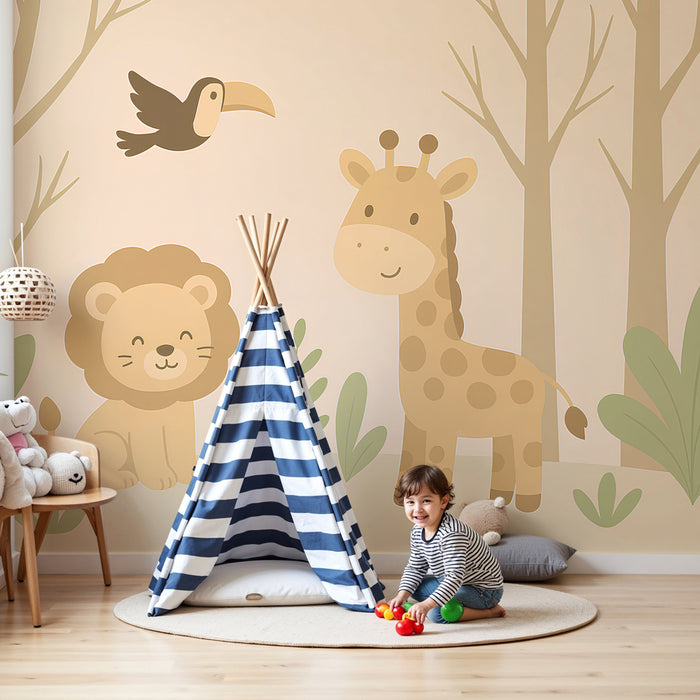 Papier peint chambre enfant | Animaux de la savane en douceur
