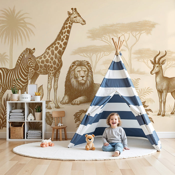Papier peint chambre enfant | Animaux de la savane en harmonie