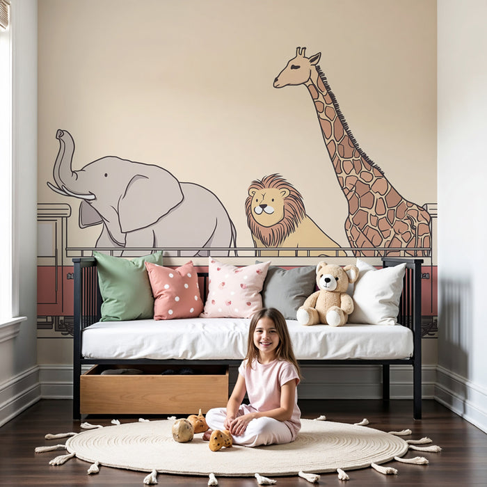 Papel pintado infantil | Animales de la sabana en tren
