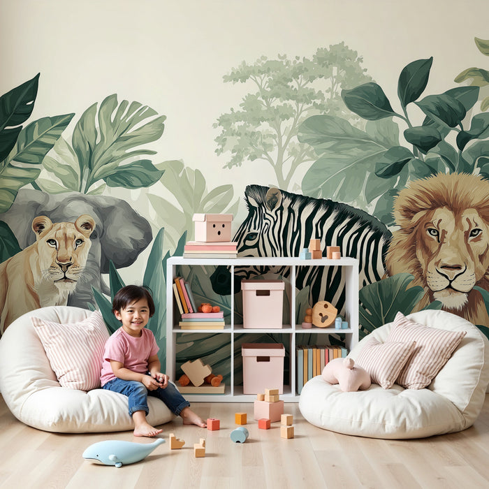 Kinderkamer behang | Savanne dieren en weelderige jungle
