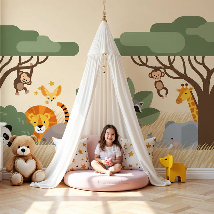 Papier peint chambre enfant | Animaux de la savane et leurs aventure
