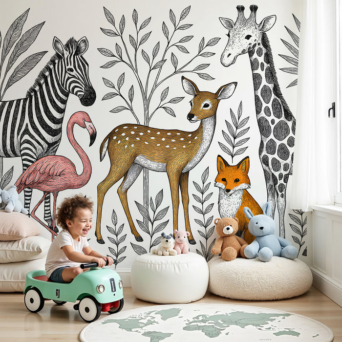 Kids room wallpaper | Savanna animals and vegetation