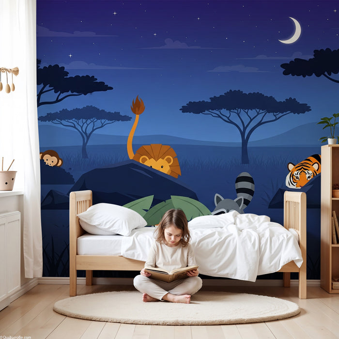 Carta da parati bambini | Animali della savana sotto le stelle