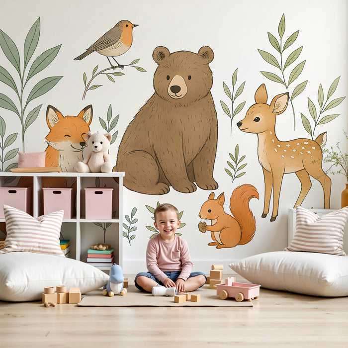 Papel pintado infantil | Animales del bosque y naturaleza suave