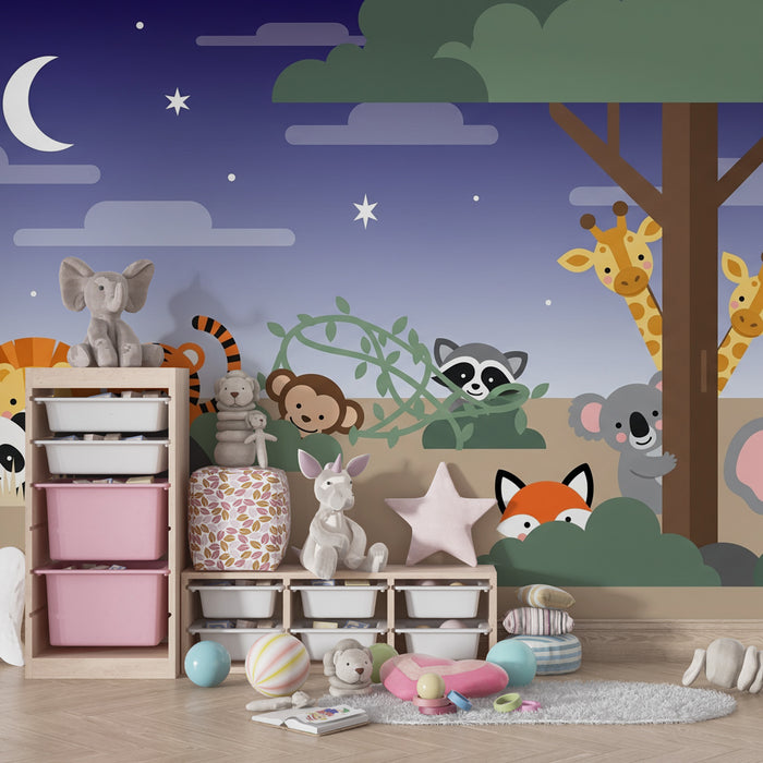 Kids room wallpaper | Animals playing hide and seek under the stars