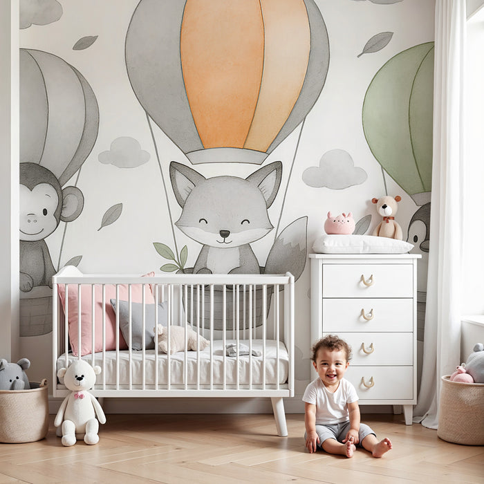 Kids room wallpaper | Animals in hot air balloons in the clouds