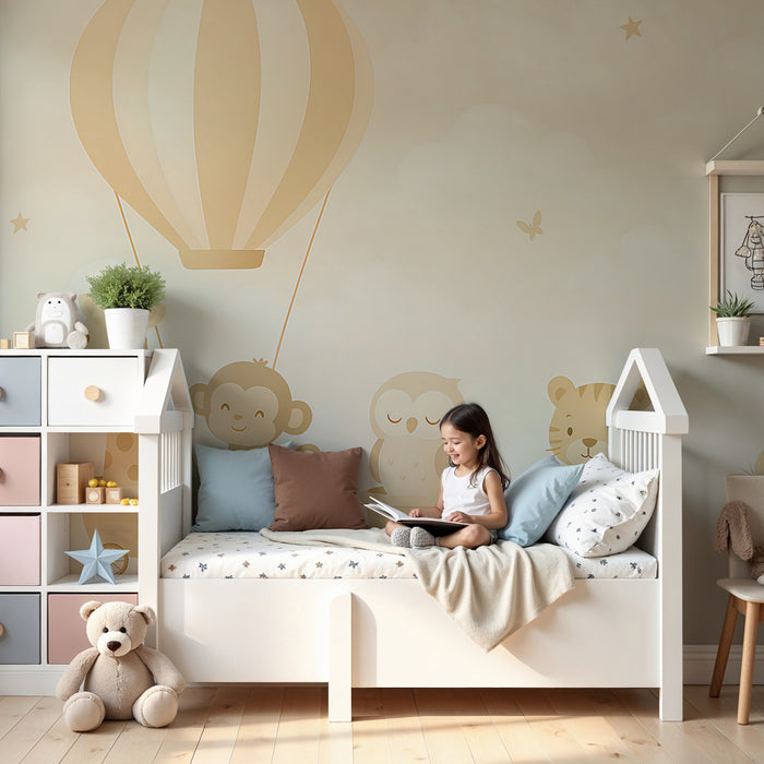 Kids room wallpaper | Animals in hot air balloon and train