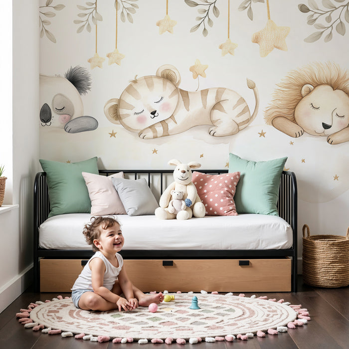 Kinderkamer behang | Slapende dieren op een lichte wolk