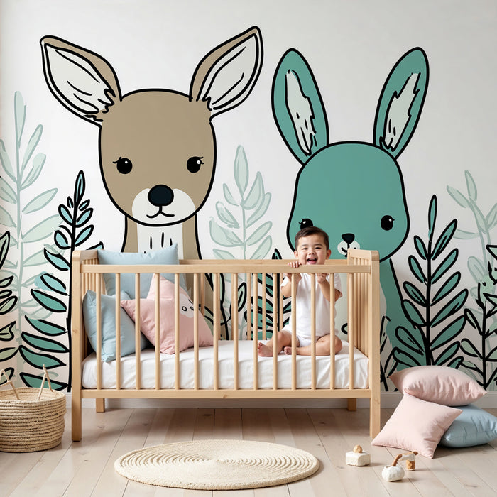 Papier peint chambre enfant | Animaux mignons dans la verdure