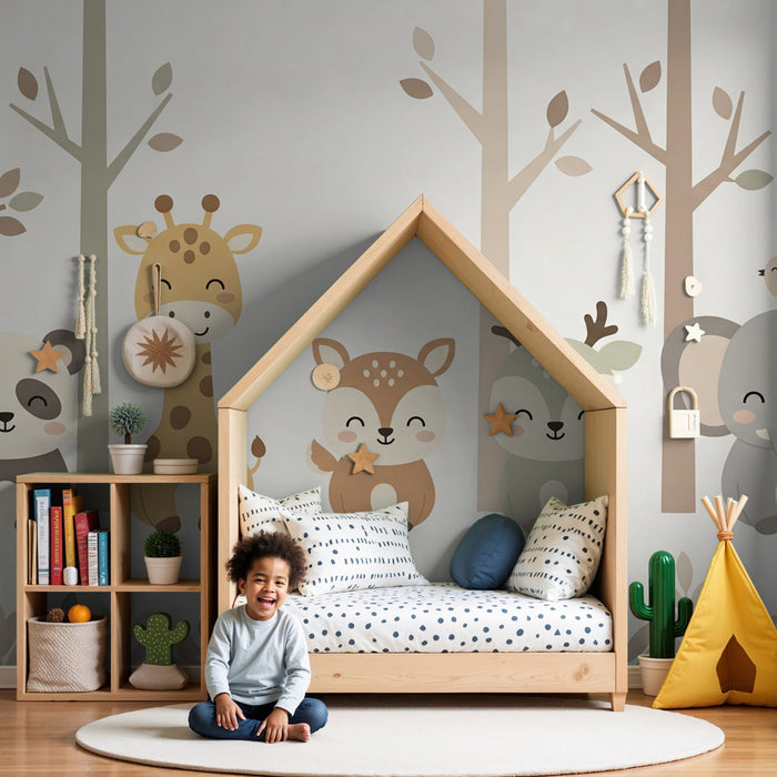 Papier peint chambre enfant | Animaux mignons de la forêt avec arbres