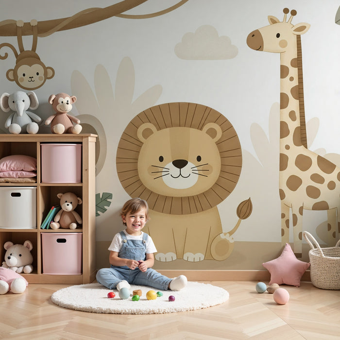 Papel pintado infantil | Lindos animales de la sabana en colores suaves