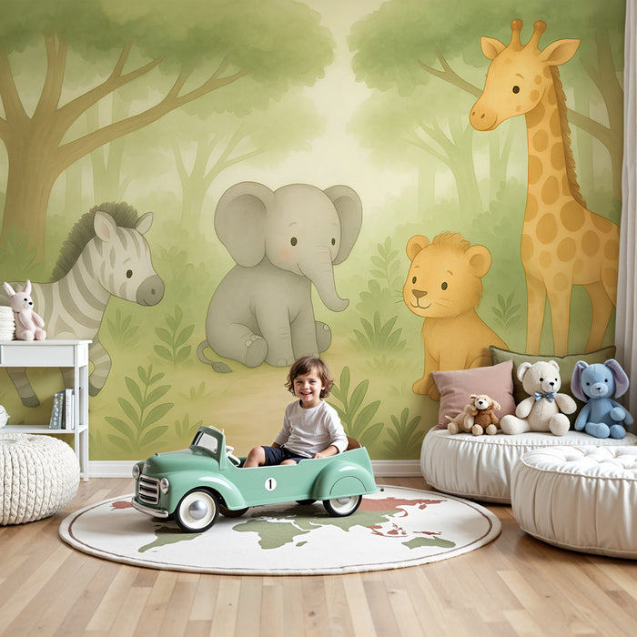Papier peint chambre enfant | Animaux mignons de la savane en foret