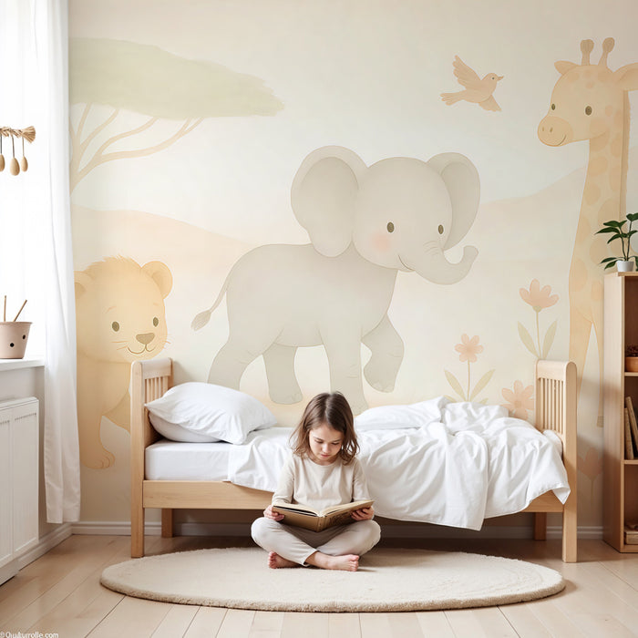 Papier peint chambre enfant | Animaux mignons de la savane tout en pastel