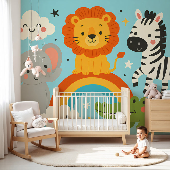 Papier peint chambre enfant | Animaux mignons et arc-en-ciel