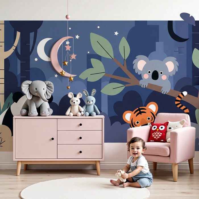 Papier peint chambre enfant | Animaux nocturnes dans la forêt