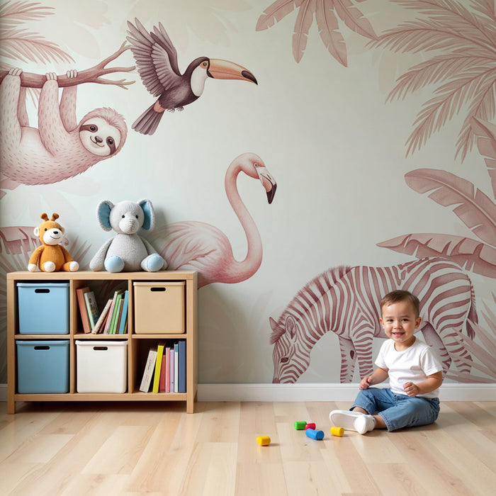 Kids room wallpaper | Tropical animals and dreamy foliage