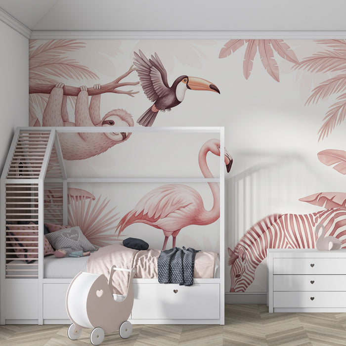 Kinderzimmer Tapete | Tropische Tiere und träumerisches Laubwerk