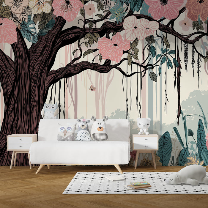 Papel pintado infantil | Árbol majestuoso y flores coloridas