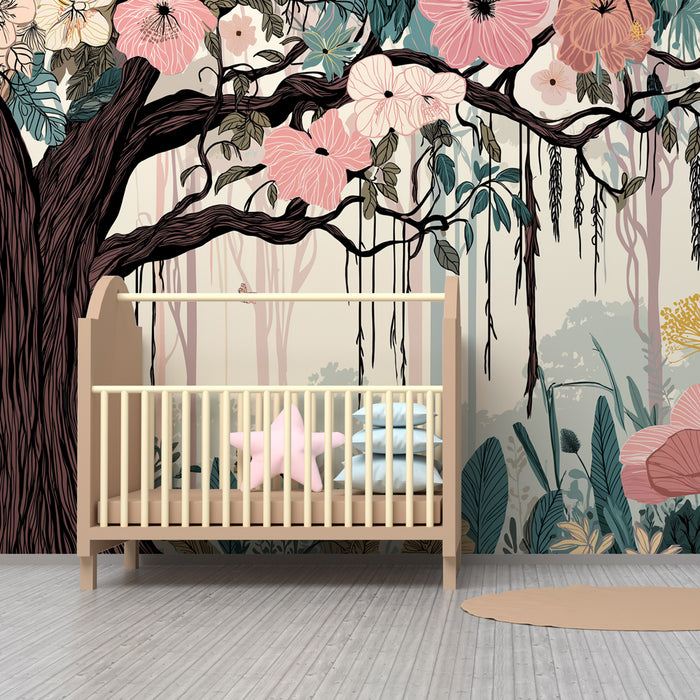 Papel pintado infantil | Árbol majestuoso y flores coloridas