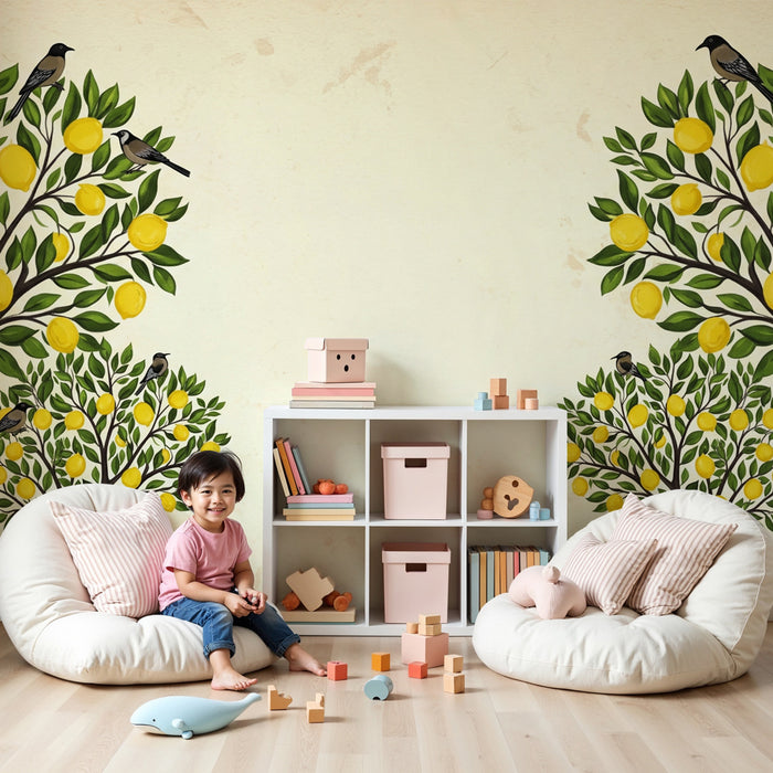 Papel pintado infantil | Árboles de limón y pájaros cantores