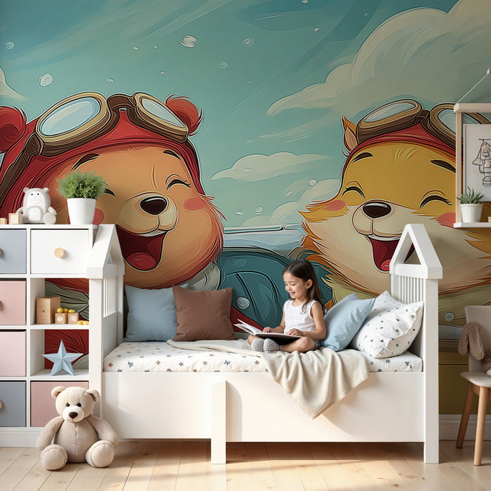 Papier peint chambre enfant | Aventure aérienne avec des oursons pilotes
