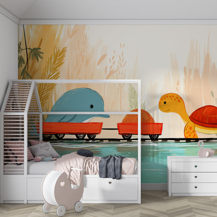 Papier peint chambre enfant | Aventure animale avec dauphin et tortue
