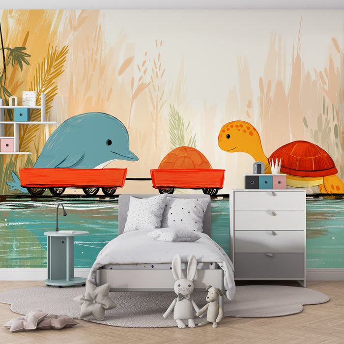 Papier peint chambre enfant | Aventure animale avec dauphin et tortue