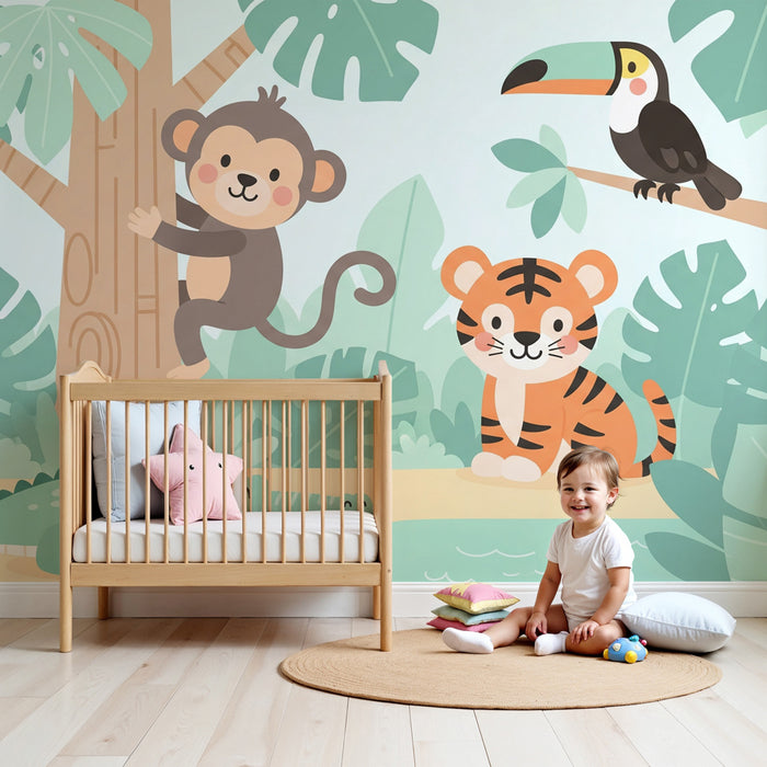 Kinderkamer behang | Avanturistična živalska pustolovščina v barviti džungli