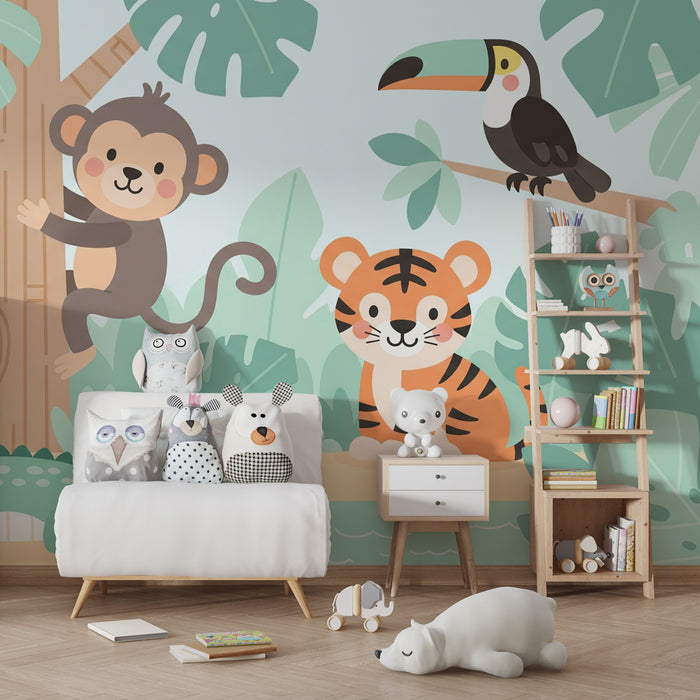 Kinderzimmer Tapete | Abenteuer im farbenfrohen Dschungel der Tiere